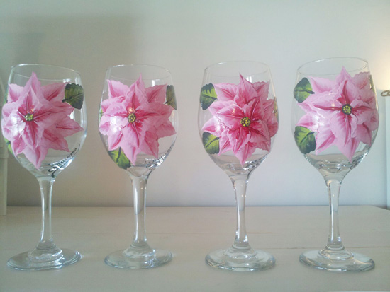 Hand Painted Pink Poinsettia Wine Glass