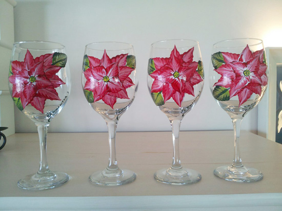 Hand Painted Red Ponsettias Wine Glasses